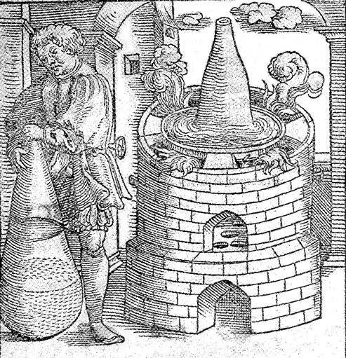 Tres símbolos análogos: el alquimista, el matraz y el horno. 1554.