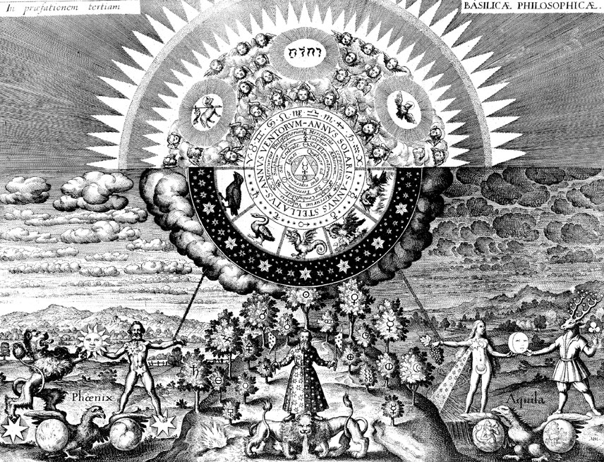 Johann D. Mylius. Opus Medico-Chymicum. Frankfurt, 1618. Diferencia y simultaneidad de nivel: ángeles y sol y luna.