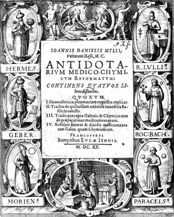 Johann D. Mylius. Antidotarium. Frankfurt, 1620. Portada, presidida por Hermes y Vulcano.