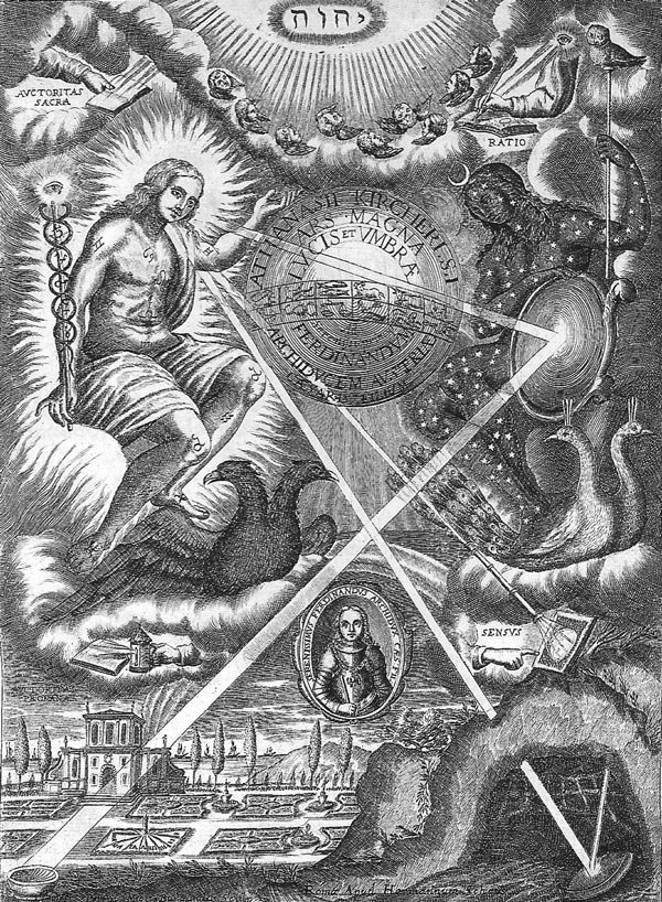 Frontispicio de la obra Ars magna lucis, de Athanasius Kircher, 1671. Con Apolo y Diana.